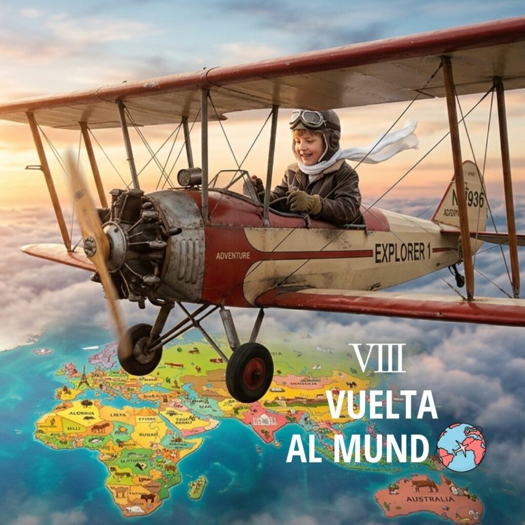 Niño pequeño montado en un avión sobrevolando un mapa del mundo, simbolizando el inicio de una gran aventura. Imagen promocional del campamento de verano “VIII Vuelta al Mundo” de Genios Retiro, con países como Países Bajos, Tanzania, Vietnam, Ecuador o Malasia como algunos de los destinos imaginarios