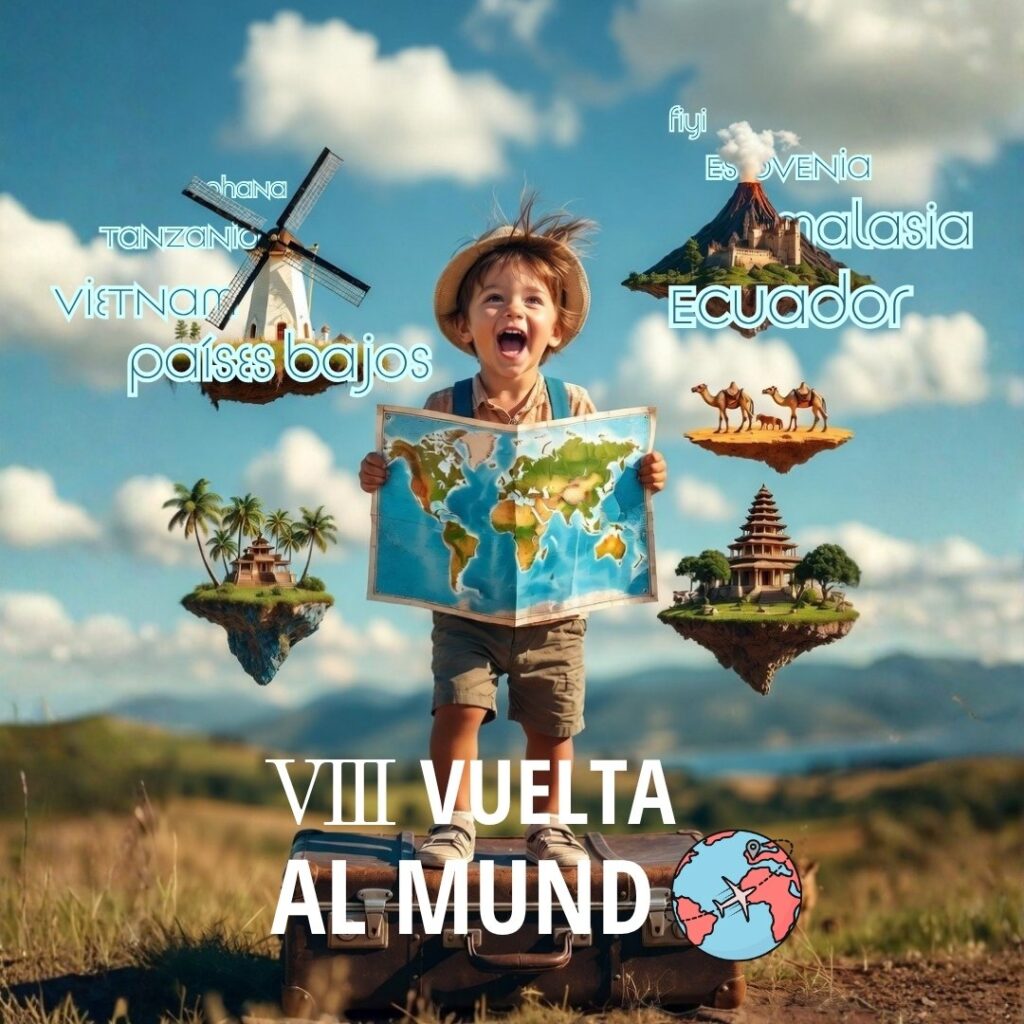 Niño explorador con mapa del mundo rodeado de países, representando un campamento de verano internacional.