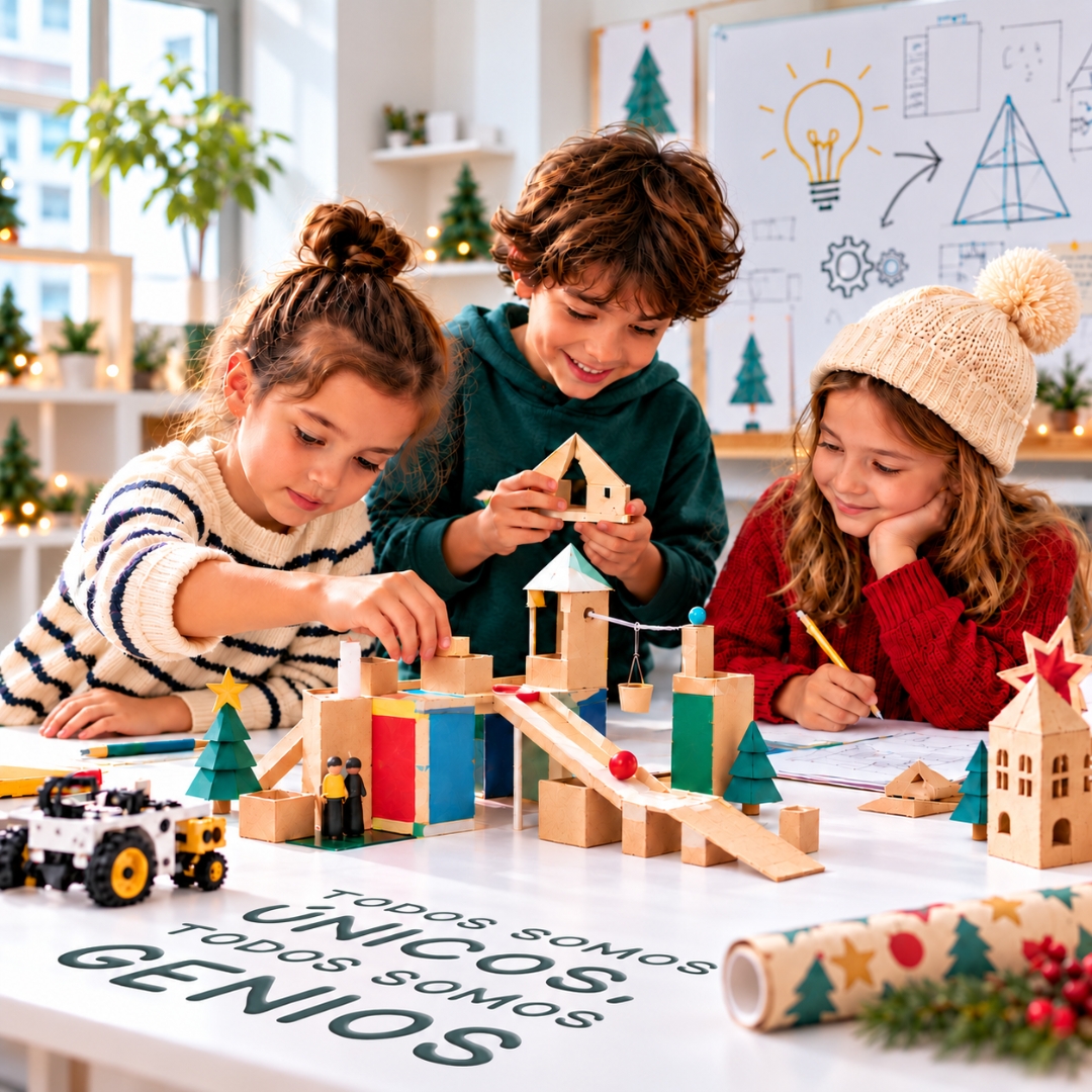 Niños diseñando juntos una maqueta navideña en un taller creativo de ciencia e ingeniería