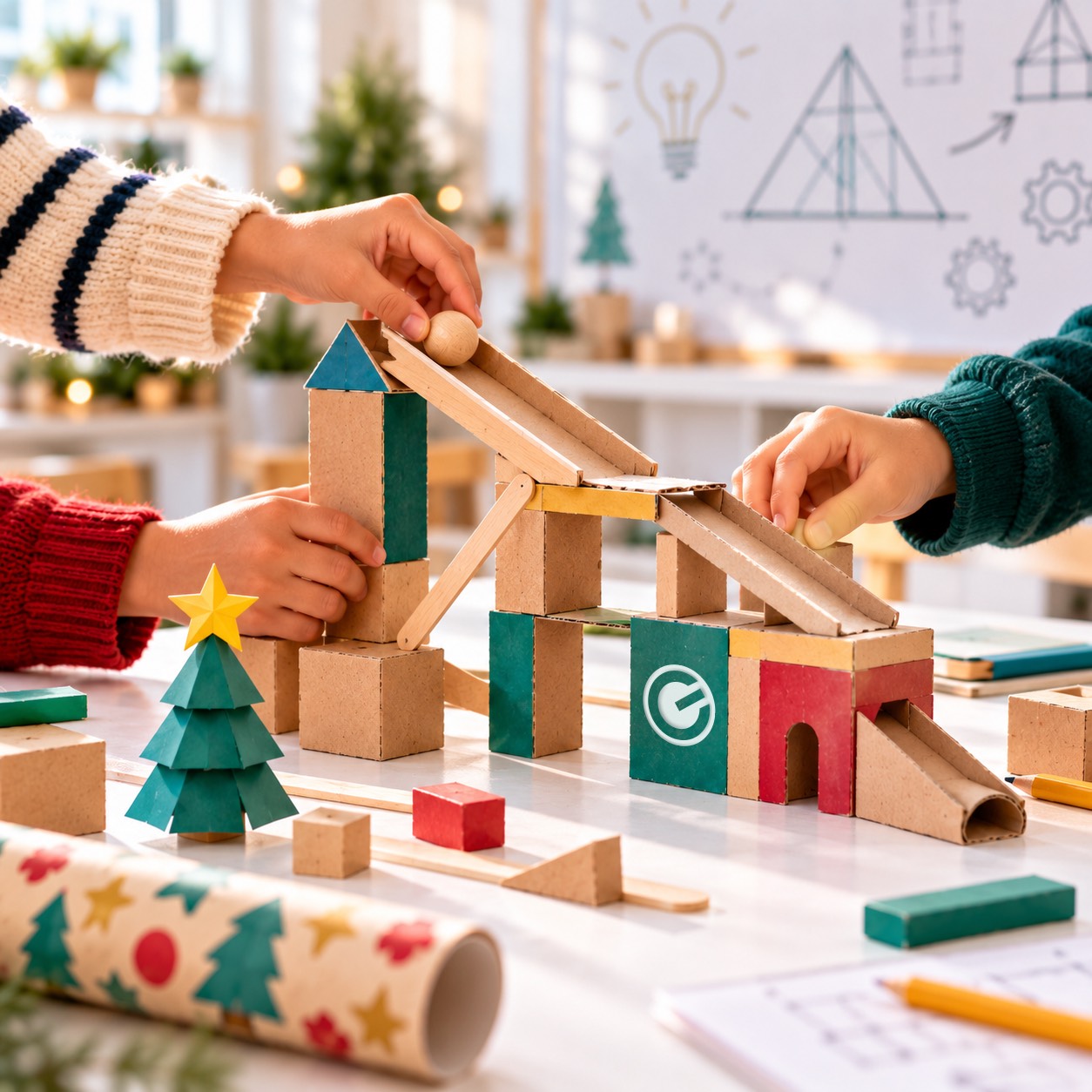 Manos infantiles prueban una maqueta navideña de cartón en un taller STEM
